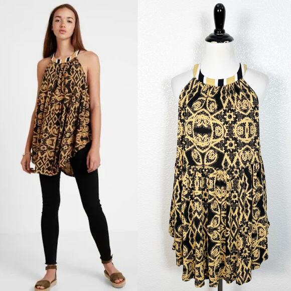 Free People Womens Mimi Boho Printed Babydoll Halter Tunic Tank Top Size Small - Picture 1 of 11
